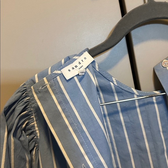 SANDRO Puff-ball sleeves blue stripe cotton blouse Size 3 (6US) - Picture 9 of 10
